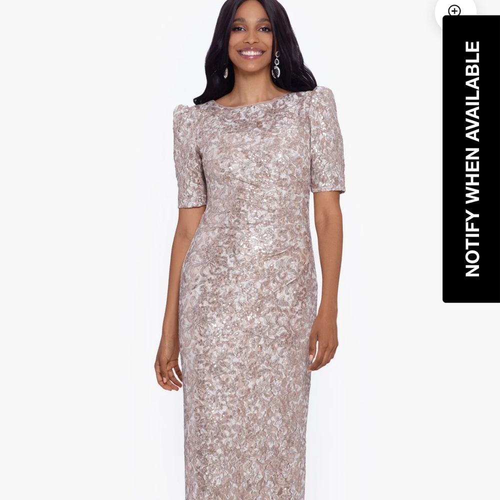 XSCAPE EVENINGS
"BRIELLE" LONG LACE SEQUIN SIDE RUCHED DRESS size 12